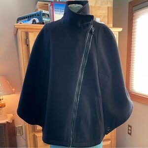 Via Spiga Black Poncho Cape Asymmetrical Zipper Faux Patent Leather Trim. L/XL